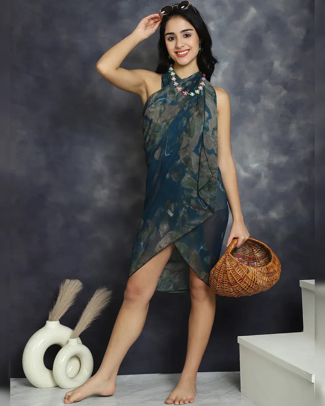 Oceanic Elegance: Navy Blue Abstract Printed Swimwear Cover Up Sarong