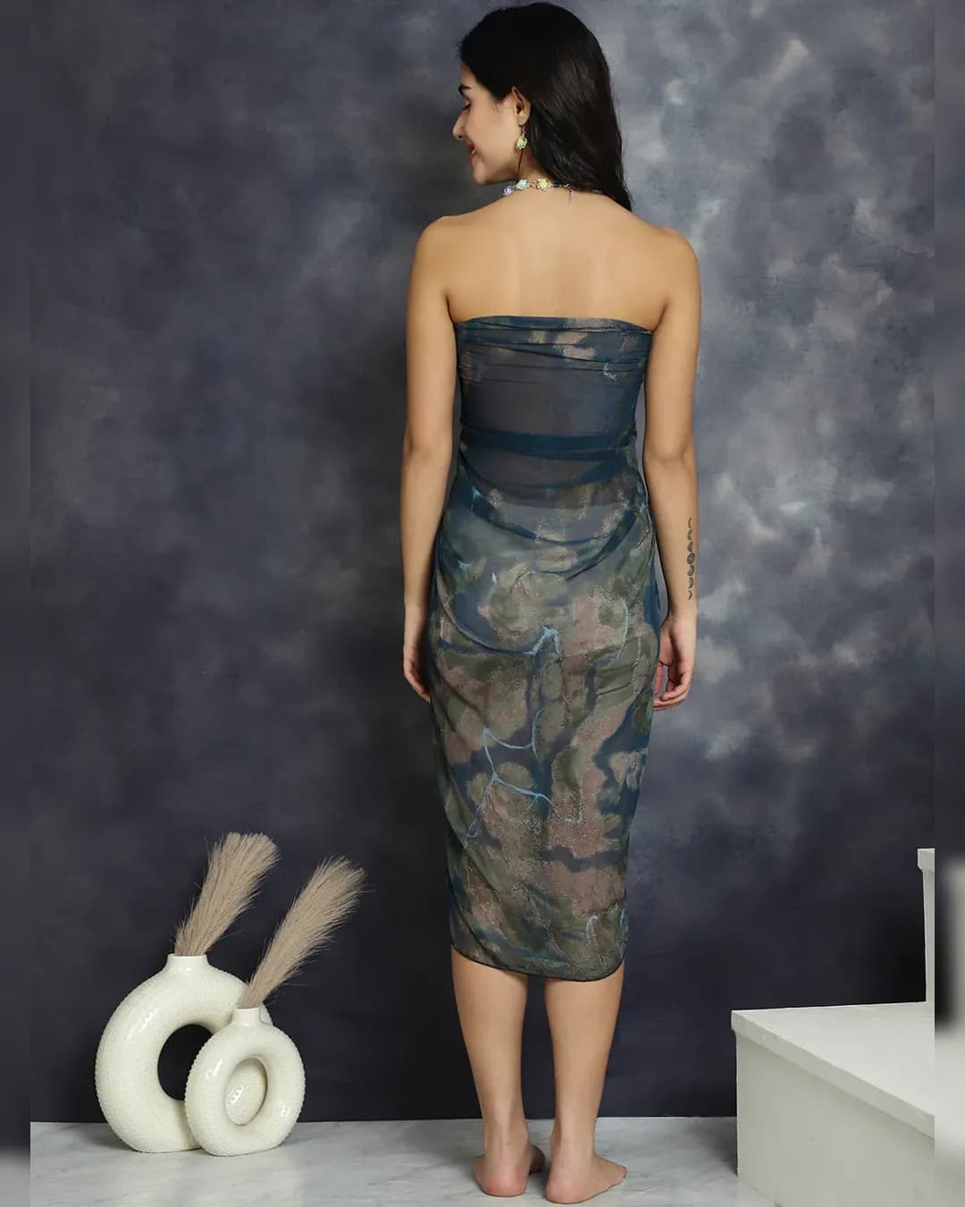 Oceanic Elegance: Navy Blue Abstract Printed Swimwear Cover Up Sarong alternate view