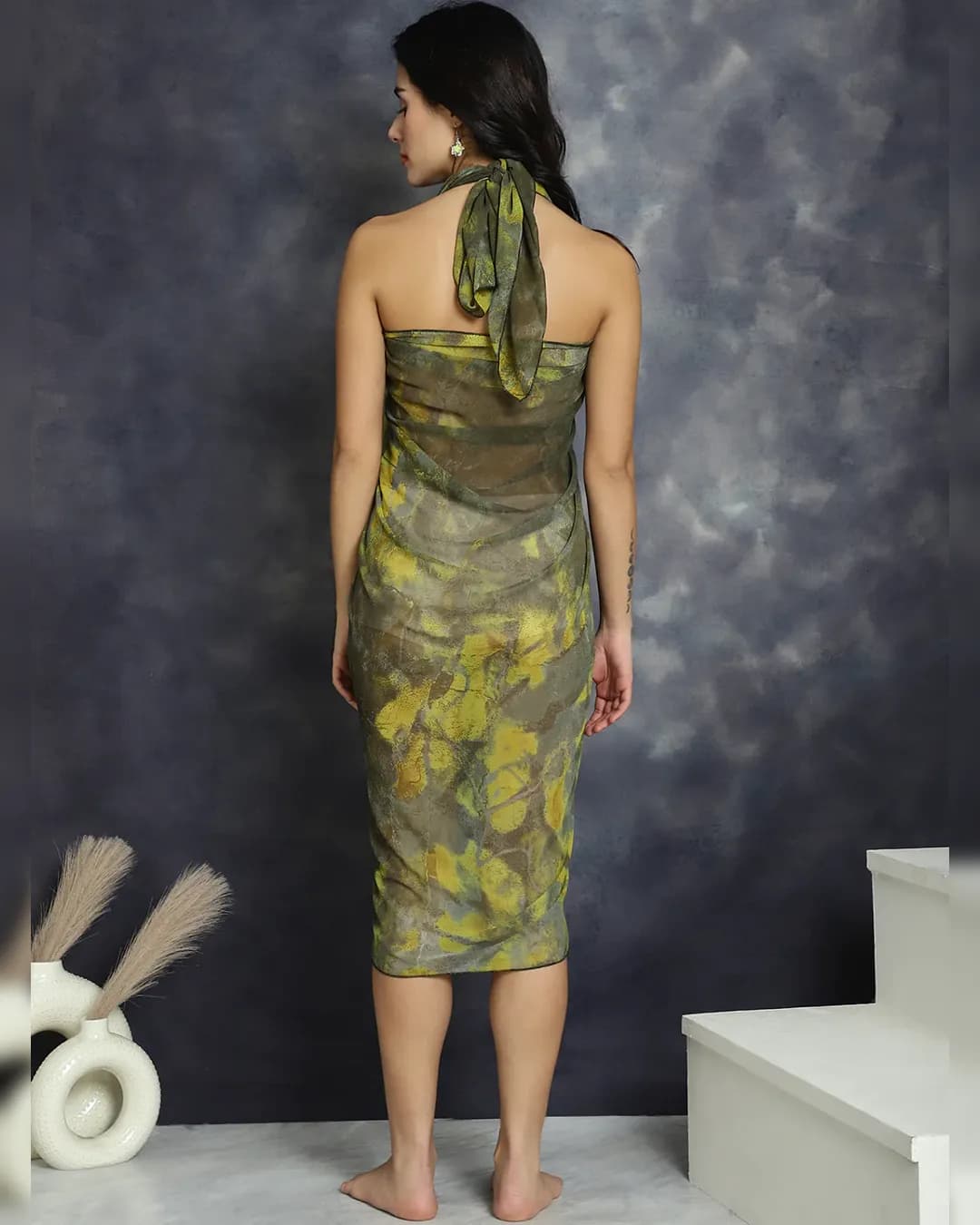 Verdant Whispers: Green & Grey Abstract Printed Swimwear Cover Up Sarong alternate view