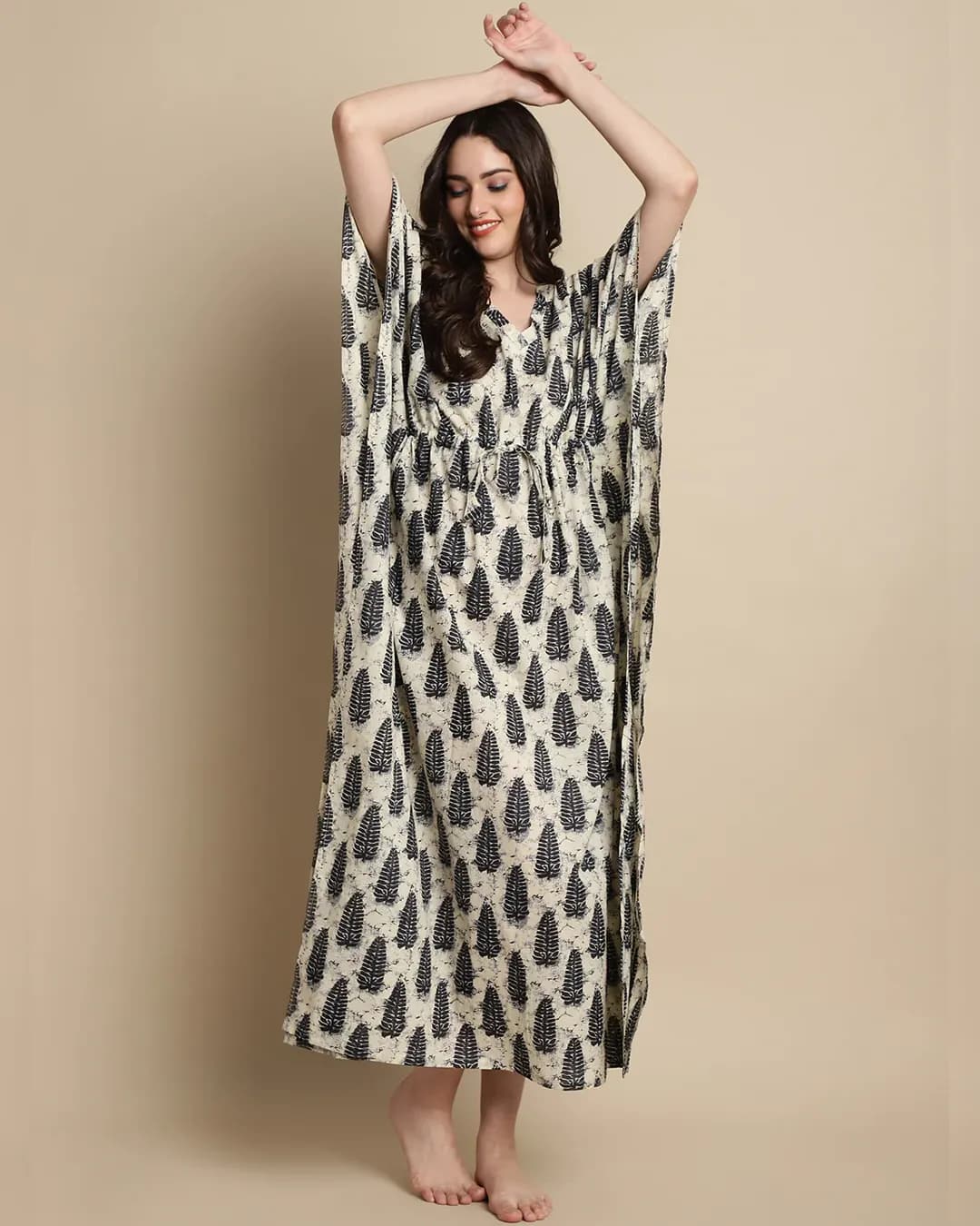 Timeless Noir - Black Floral Printed Cotton Kaftan Nightdress