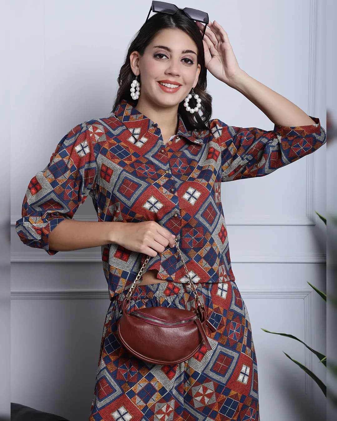 Rust Red and Blue Abstract Rayon Co-ord Set: Shirt & Trouser Ensemble alternate view