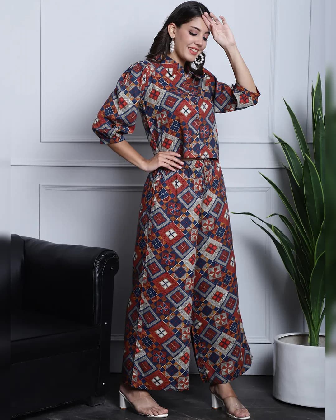 Rust Red and Blue Abstract Rayon Co-ord Set: Shirt & Trouser Ensemble