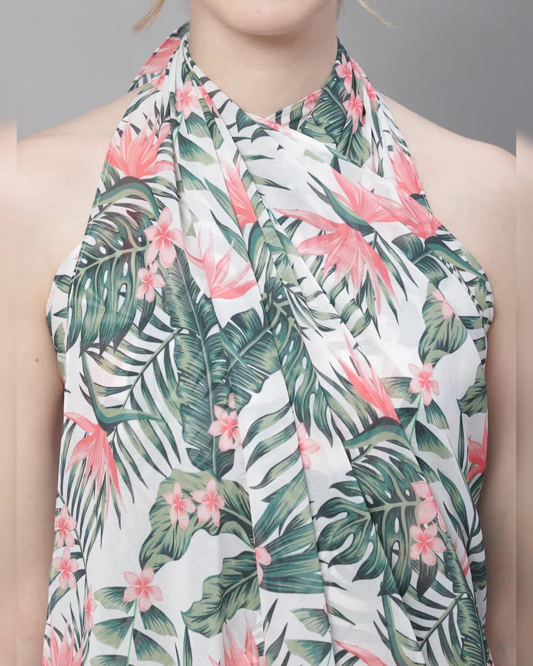 Tranquil Tropics: White & Green Tropical Printed Swimwear Sarong alternate view