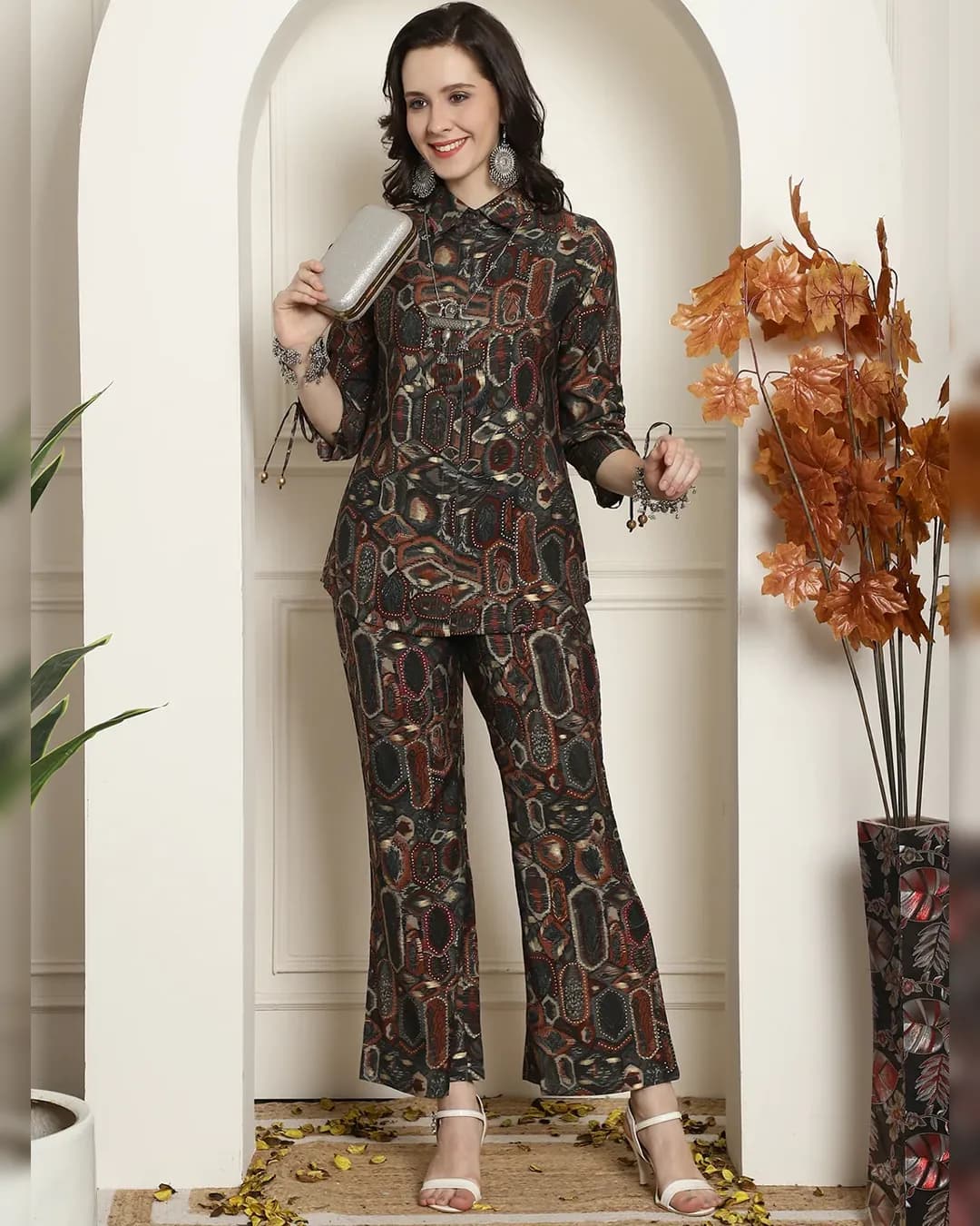 Geometric Harmony Co-ords - Grey & Brown Elegance Ensemble