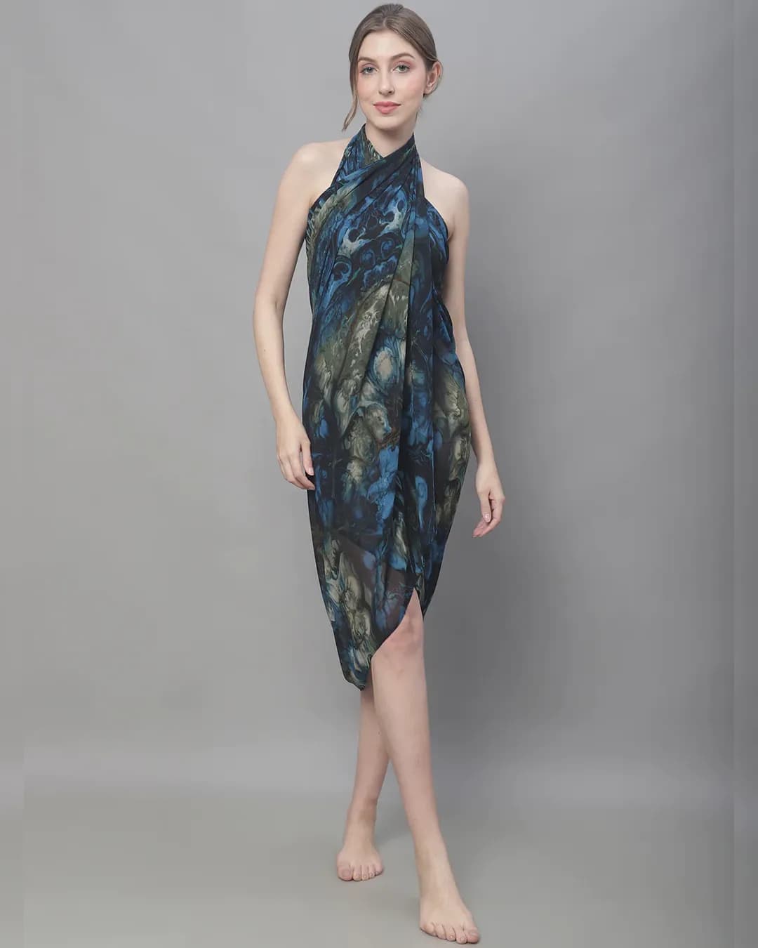 Oceanic Elegance: Blue & Black Abstract Printed Swimwear Cover-Up Sarong alternate view