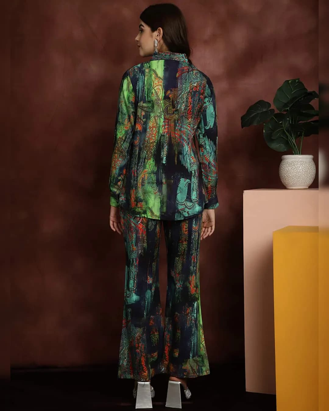 Elegant Green & Blue Abstract Rayon Co-ord Set: Shirt & Trousers alternate view