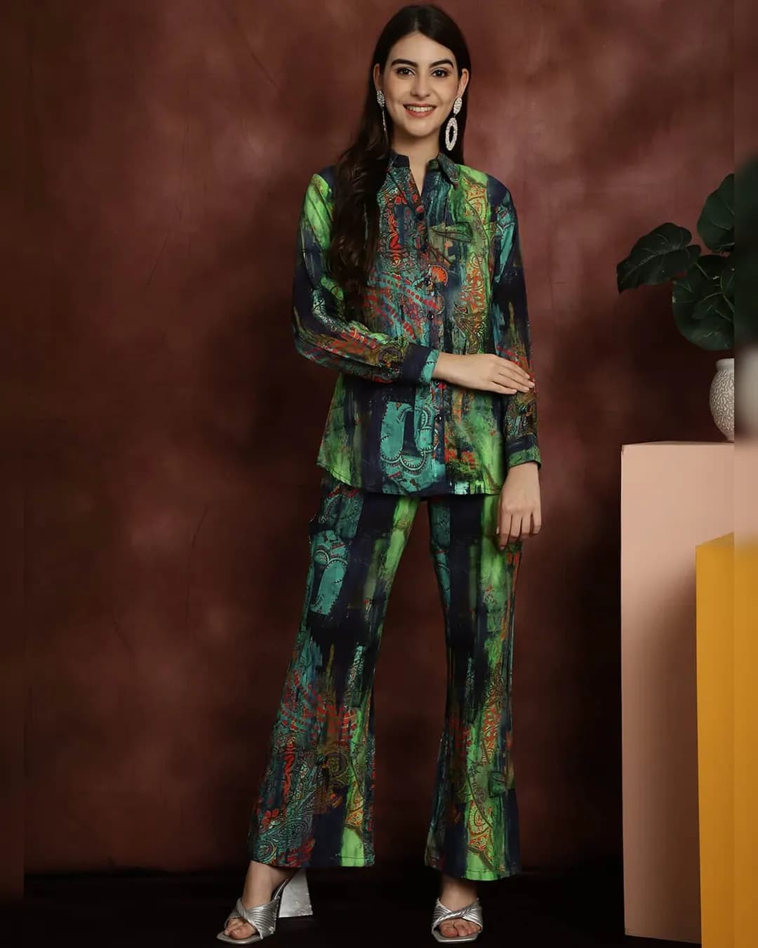 Elegant Green & Blue Abstract Rayon Co-ord Set: Shirt & Trousers