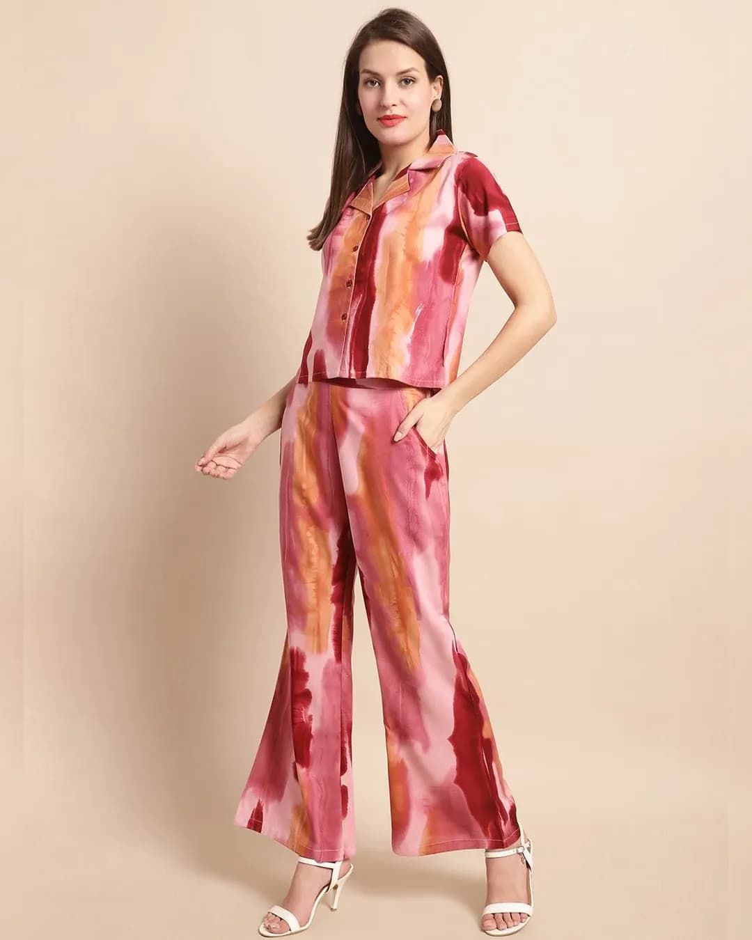 Comfortably Chic Red Abstract Rayon Co-ord Set