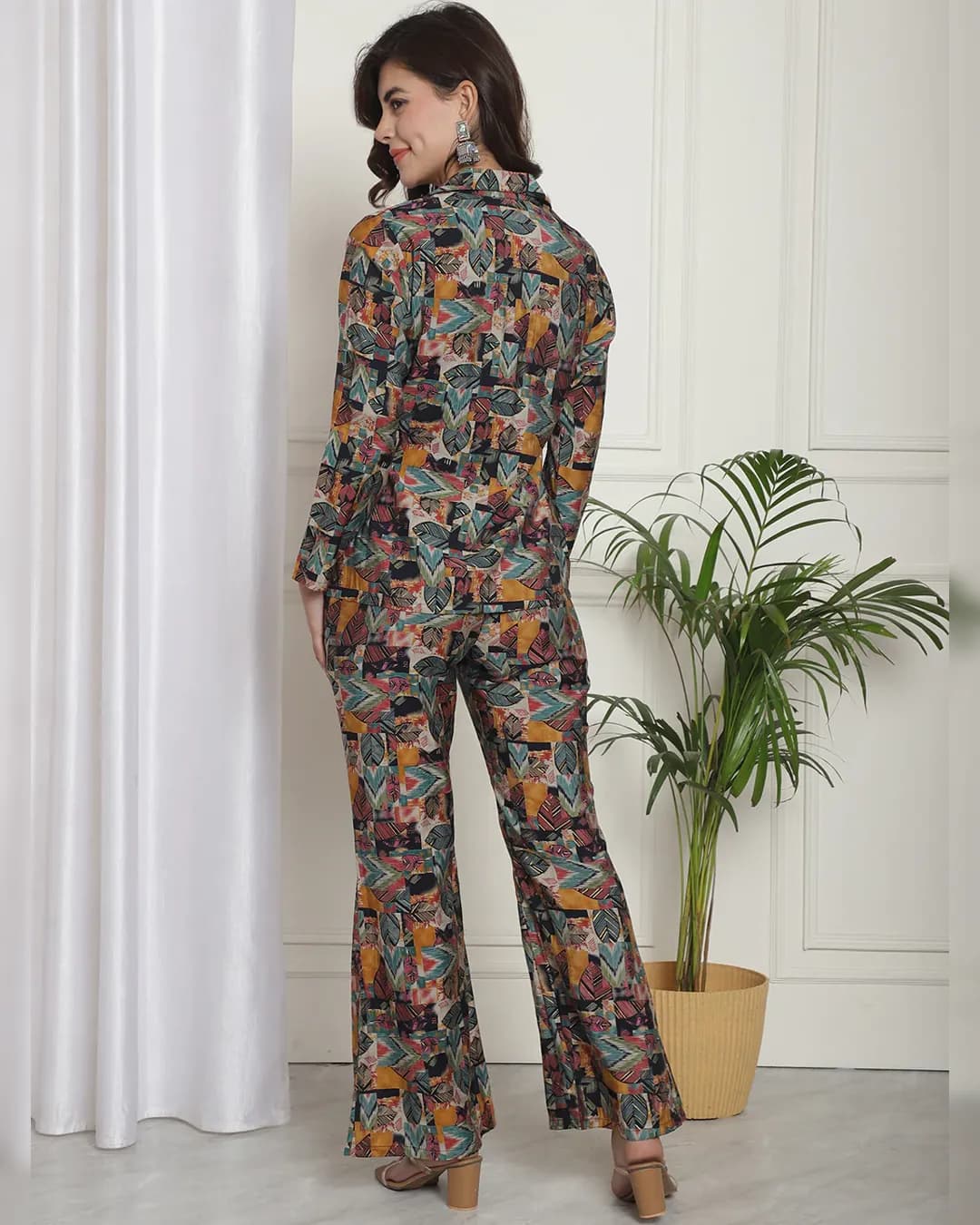 Multicolored Abstract Chanderi Silk Co-ord Set: Top, Jacket & Trousers alternate view