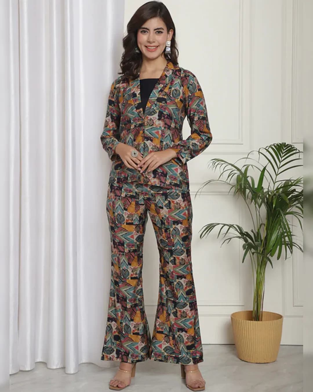 Multicolored Abstract Chanderi Silk Co-ord Set: Top, Jacket & Trousers