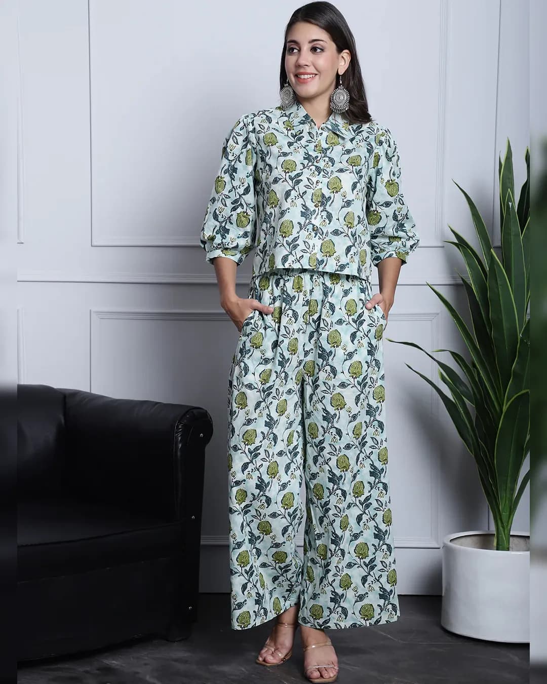 Harmony Blossoms: Blue and Green Floral Cotton Co-ord Set