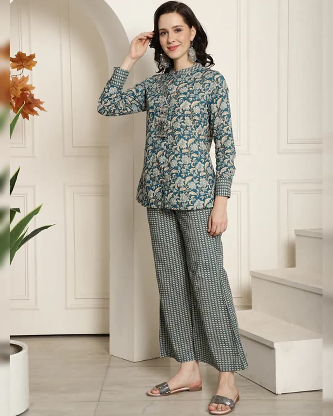 Tranquil Harmony: Blue Motif Cotton Co-ord Set