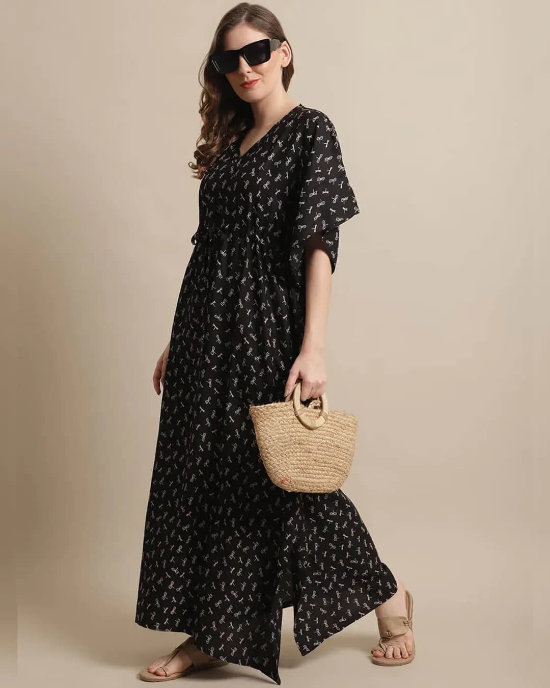 Midnight Bloom - Black Floral Rayon Ankle-Length Nightdress