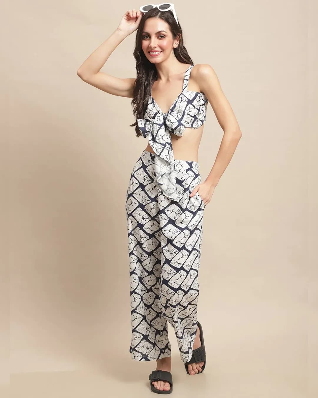 Pure Elegance: White Geometric Print Rayon Beachwear Set