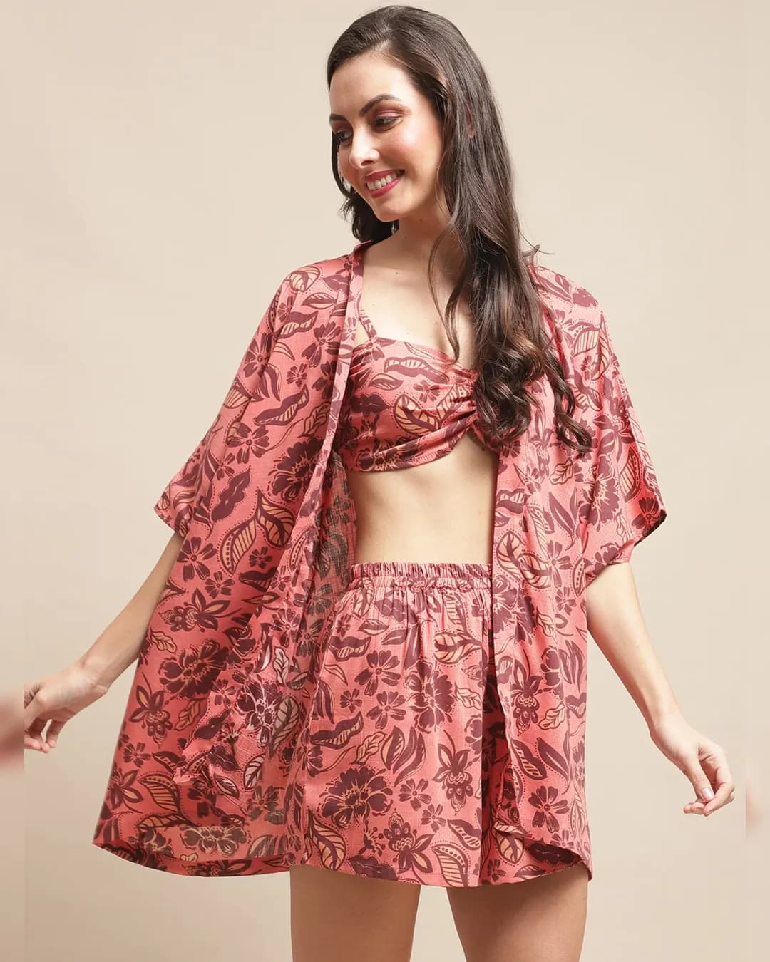 Peach Blossom: Floral Print Rayon Beachwear Set