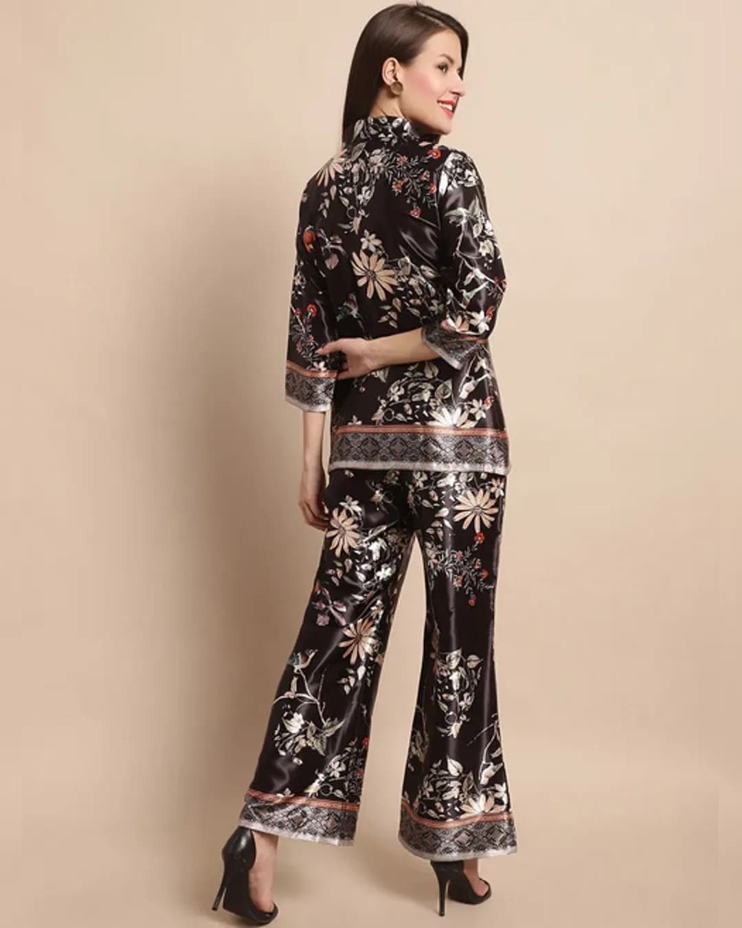 Blissful Comfort: Blue Floral Satin Co-ord Set alternate view