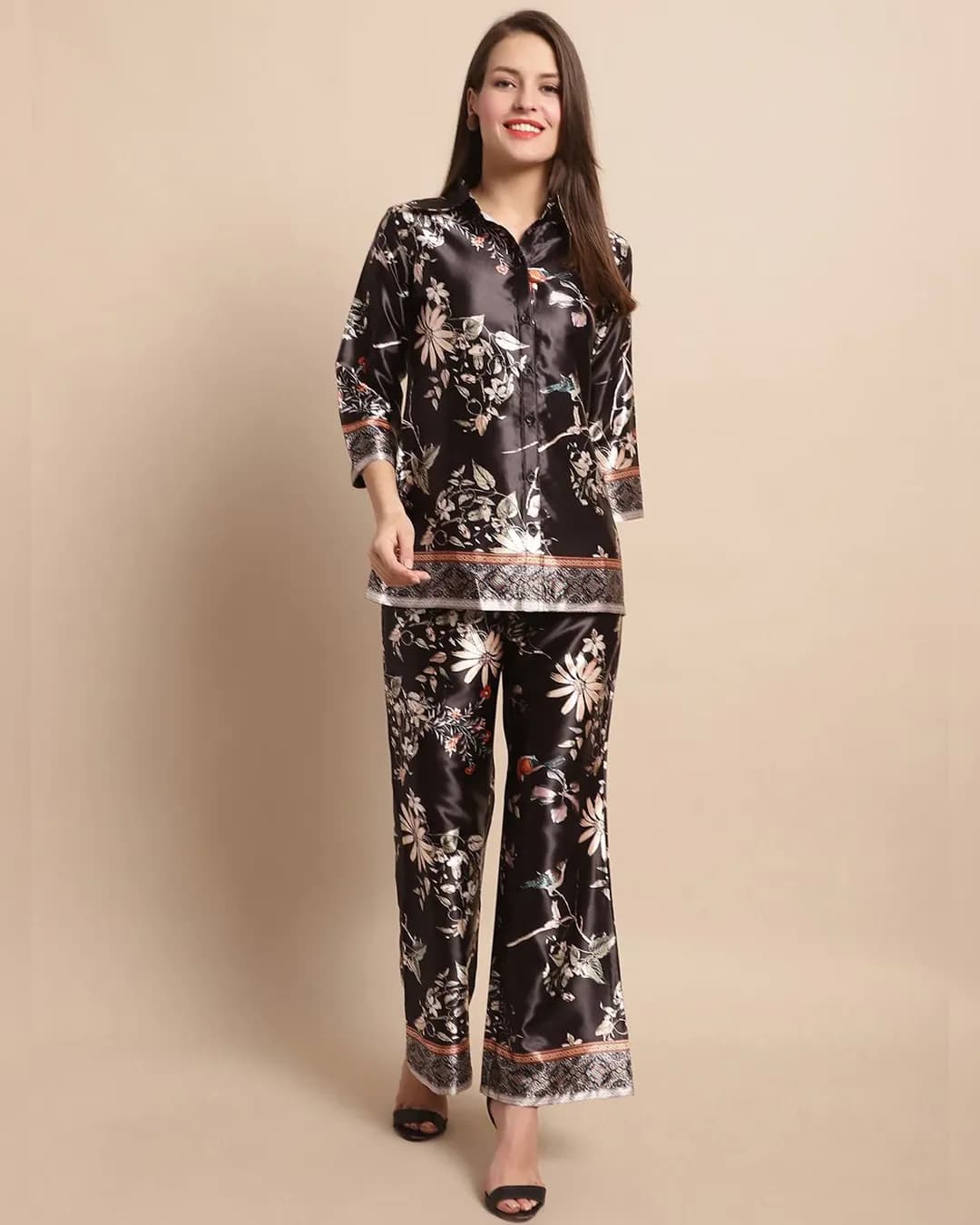 Blissful Comfort: Blue Floral Satin Co-ord Set