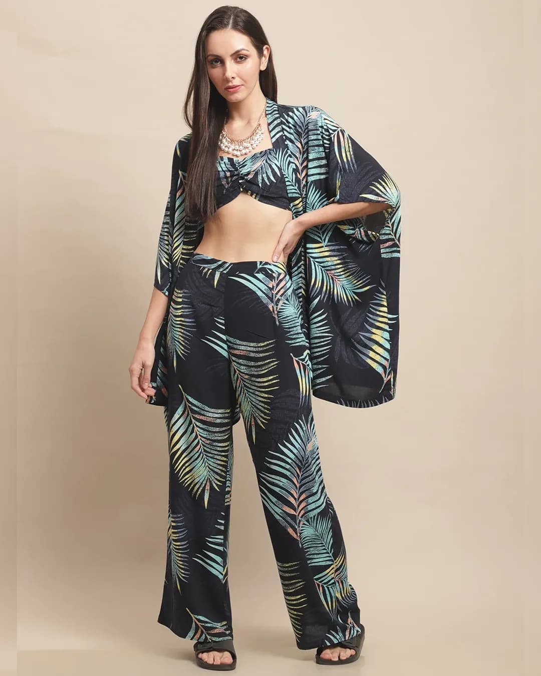 "Navy Blue Tropical Print Beachwear Set" alternate view