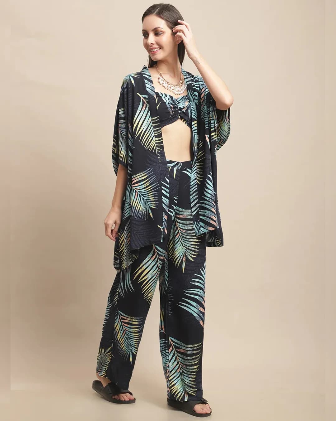 "Navy Blue Tropical Print Beachwear Set"