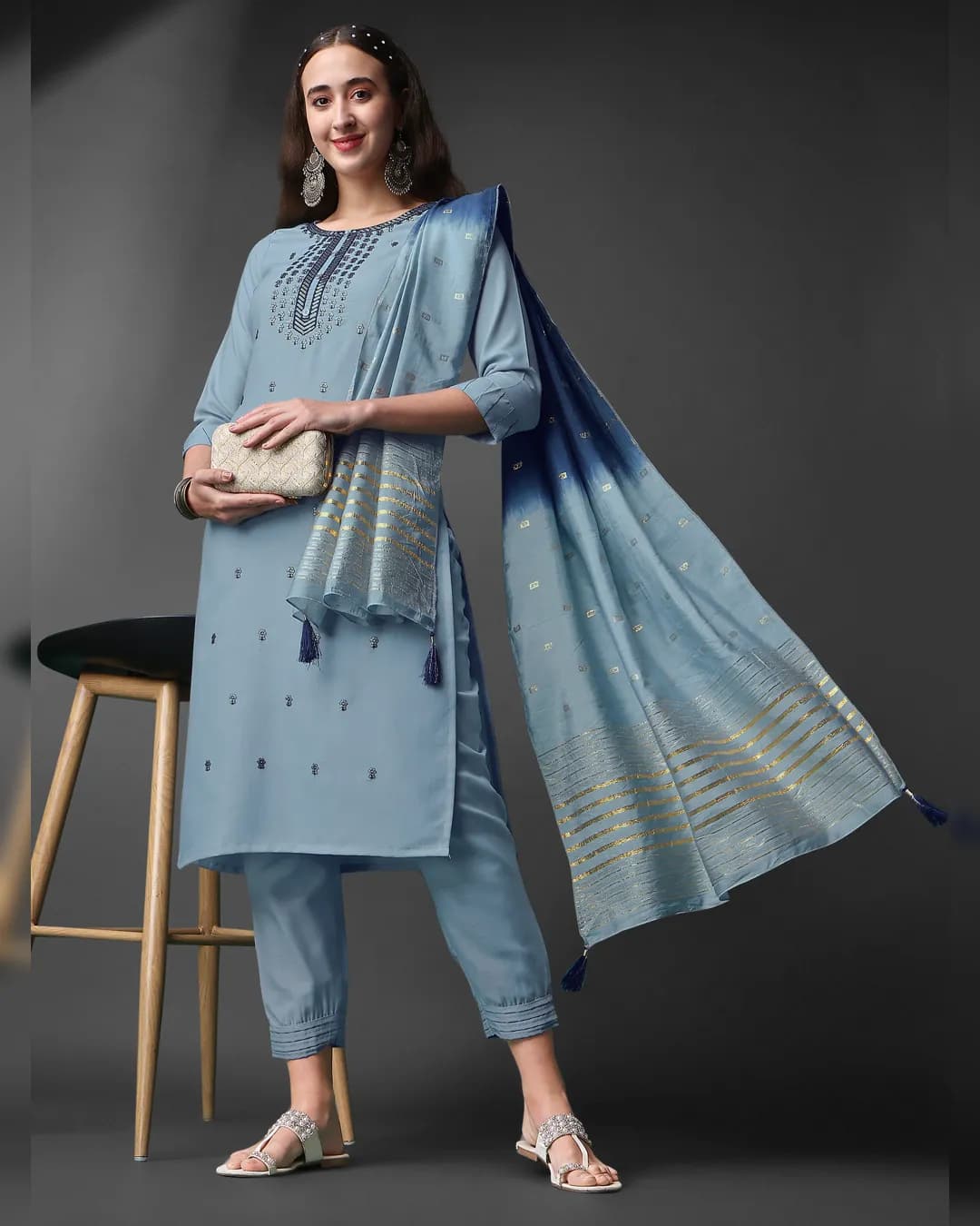 Regal Elegance: Women's Sequence Embroidered Slub Rayon Kurta, Pant, and Jacquard Dupatta Set