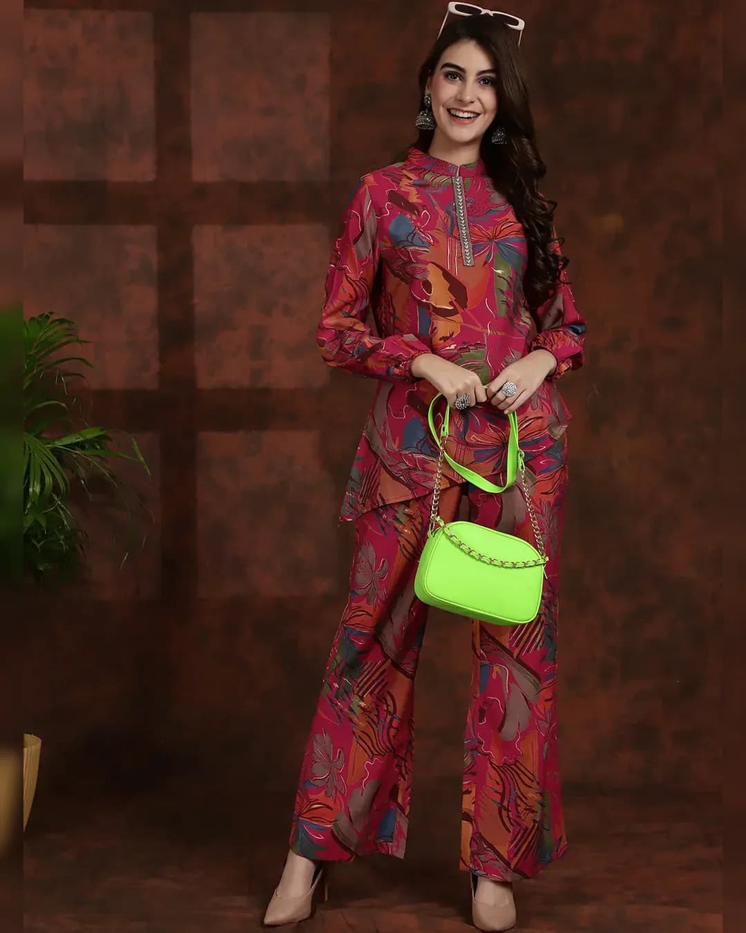 Vibrant Pink Floral Co-ord Set: Tunic & Palazzos Ensemble