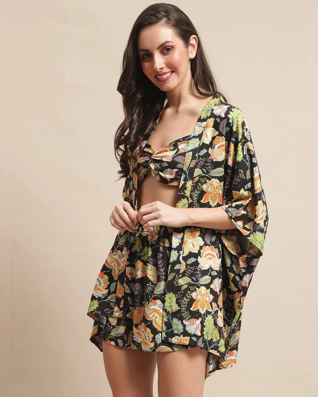 Midnight Blooms Rayon Beachwear Set