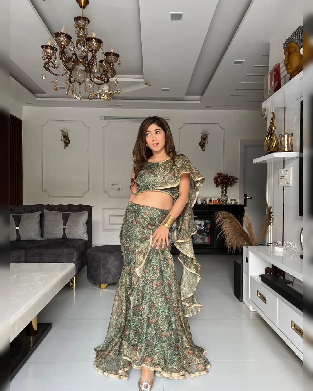 Sparkle Fabric Fish Cut Lehenga with Printed Blouse and Ruffle Dupatta