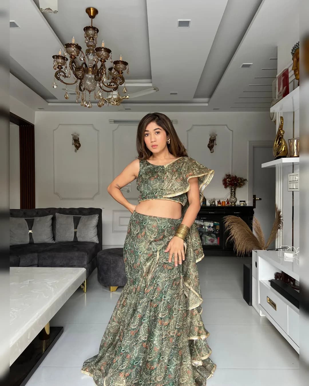 Sparkle Fabric Fish Cut Lehenga with Printed Blouse and Ruffle Dupatta alternate view