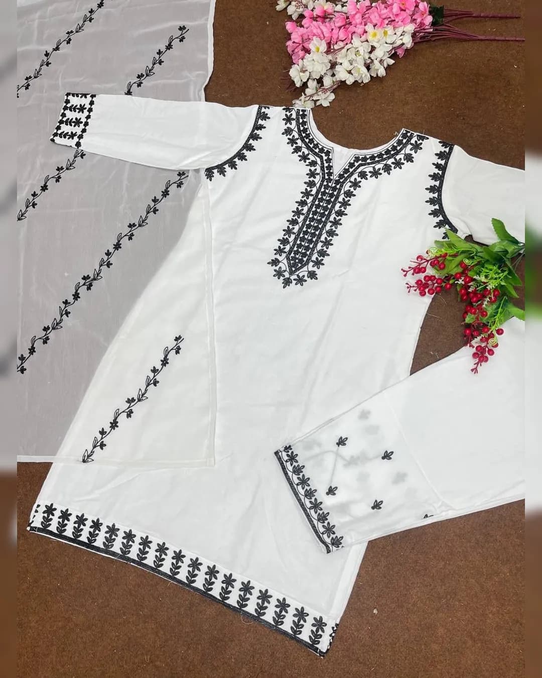 White Heavy Chine Work Top with Dupatta alternate view
