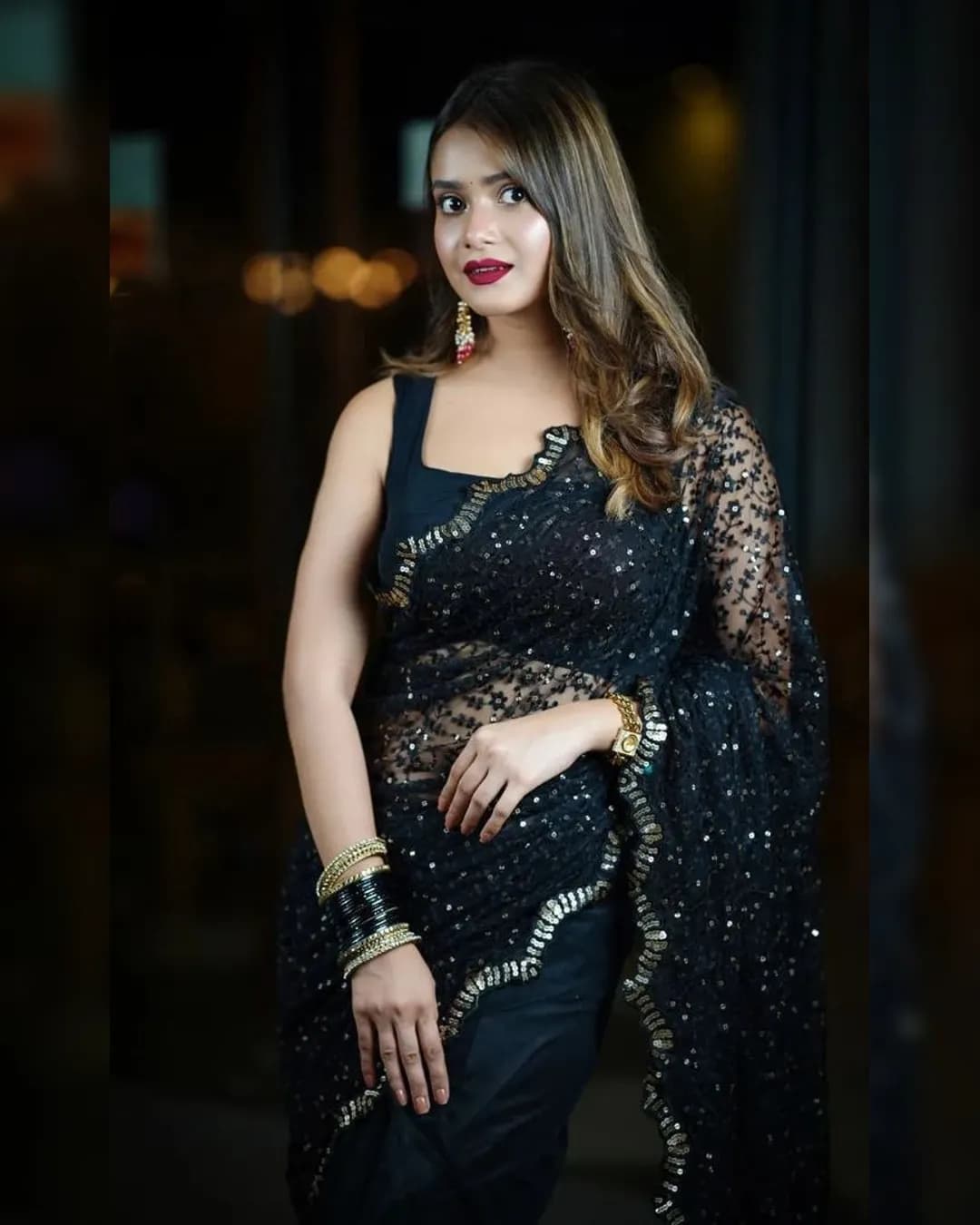 Glorious Black Heavily Embroidered Saree in Soft Net Fabric alternate view