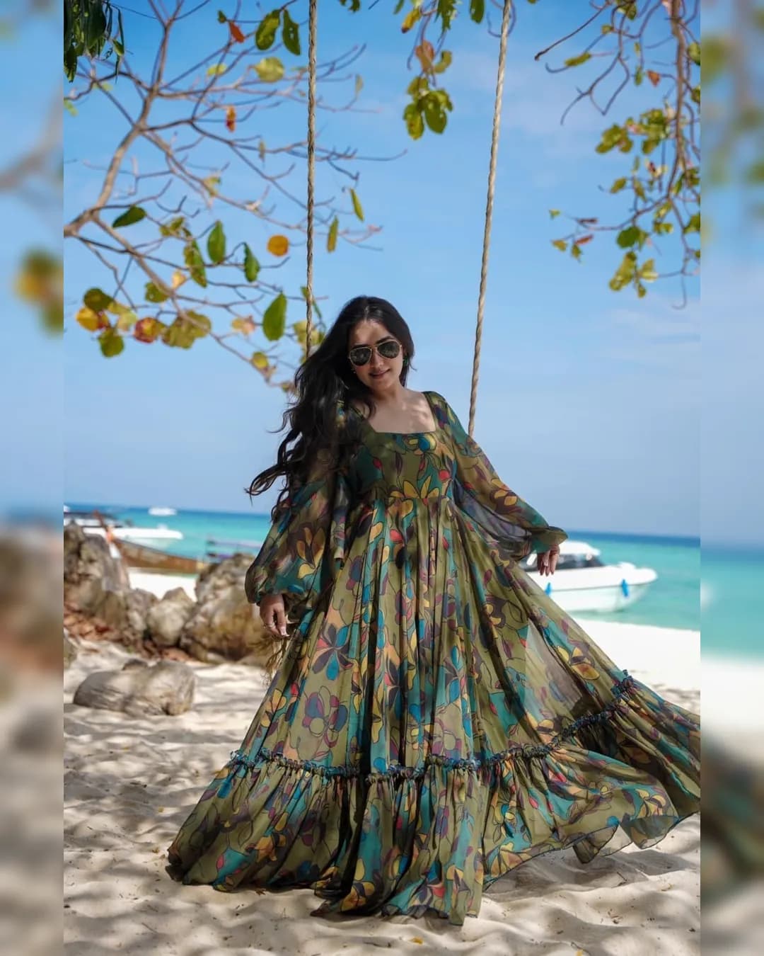 Enchanting Green Floral Georgette Maxi Dress