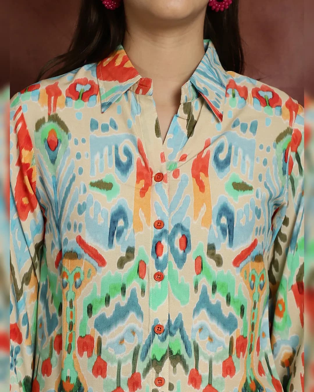 Beige Abstract Printed Viscose Rayon Co-Ord Set alternate view