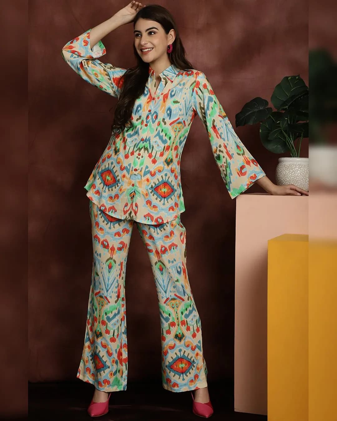 Beige Abstract Printed Viscose Rayon Co-Ord Set