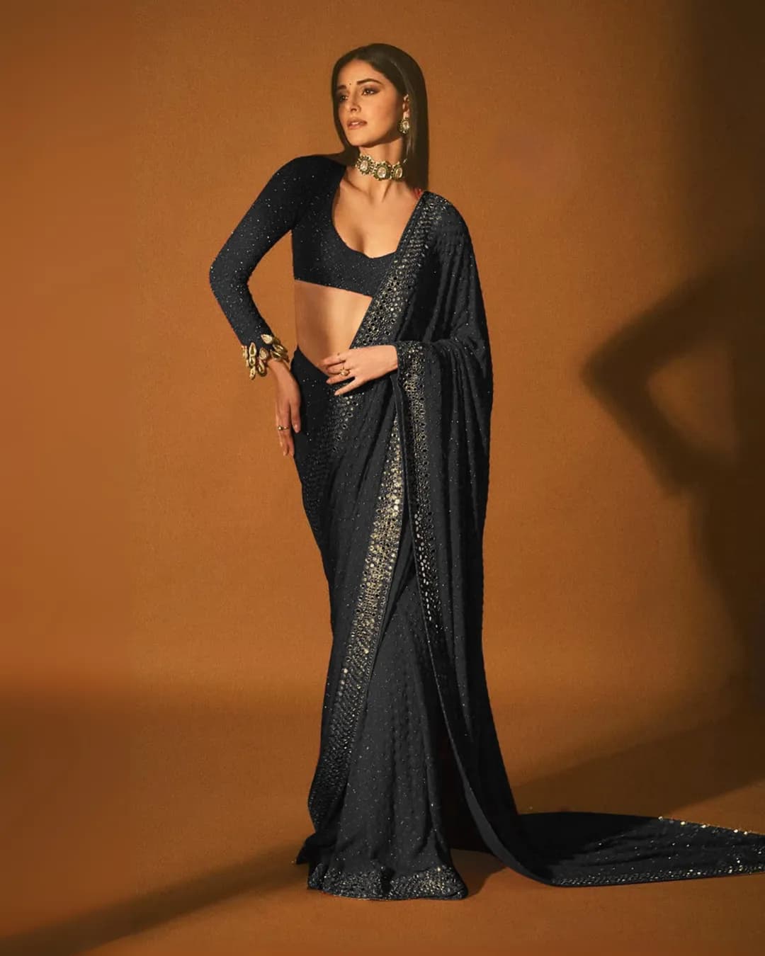 Designer Heavy Sequence Faux Georgette Saree with Mirror Lace Border & Embroidered Blouse