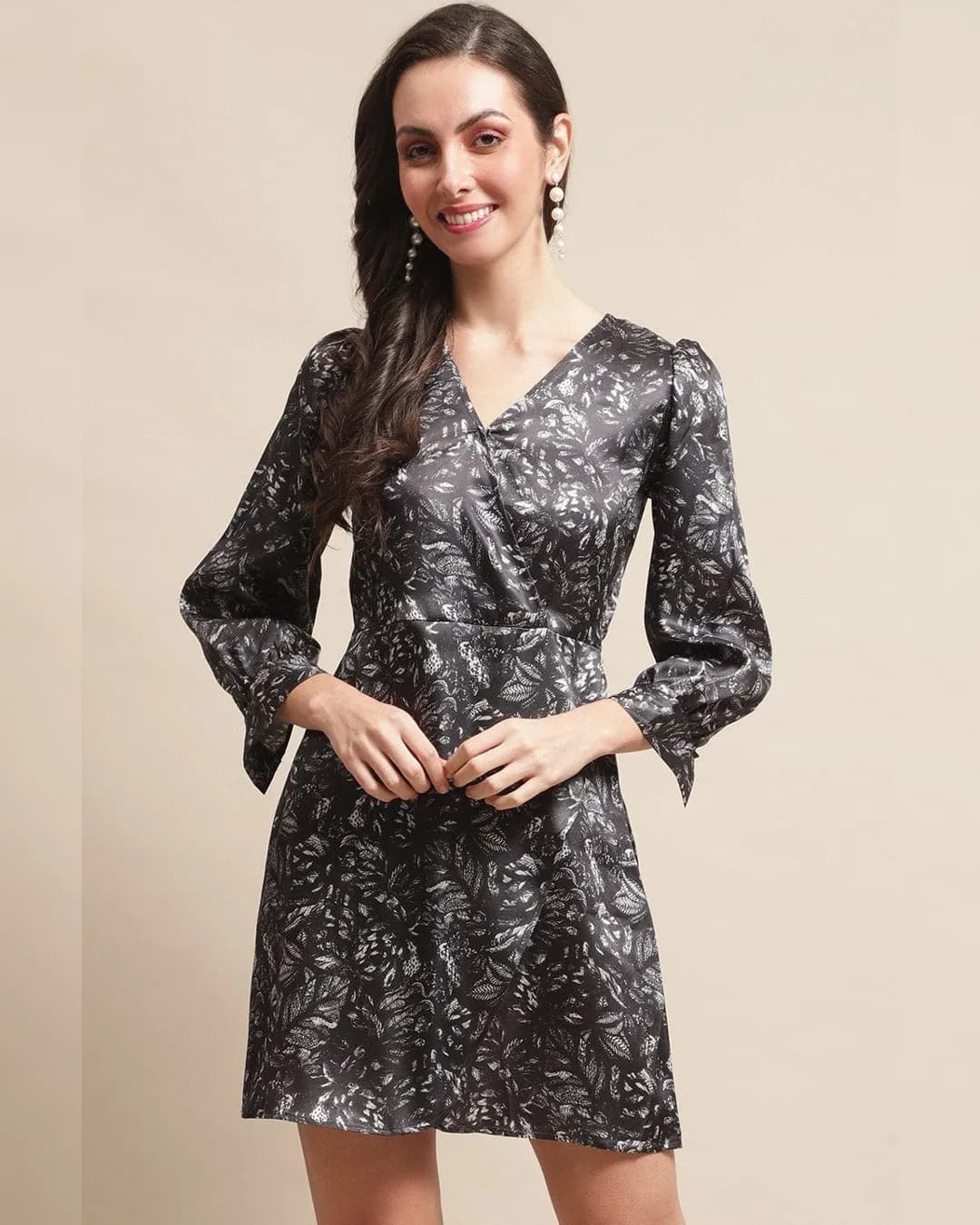 Midnight Blossom Black Floral Wrap Dress - Effortlessly Chic and Timelessly Elegant alternate view