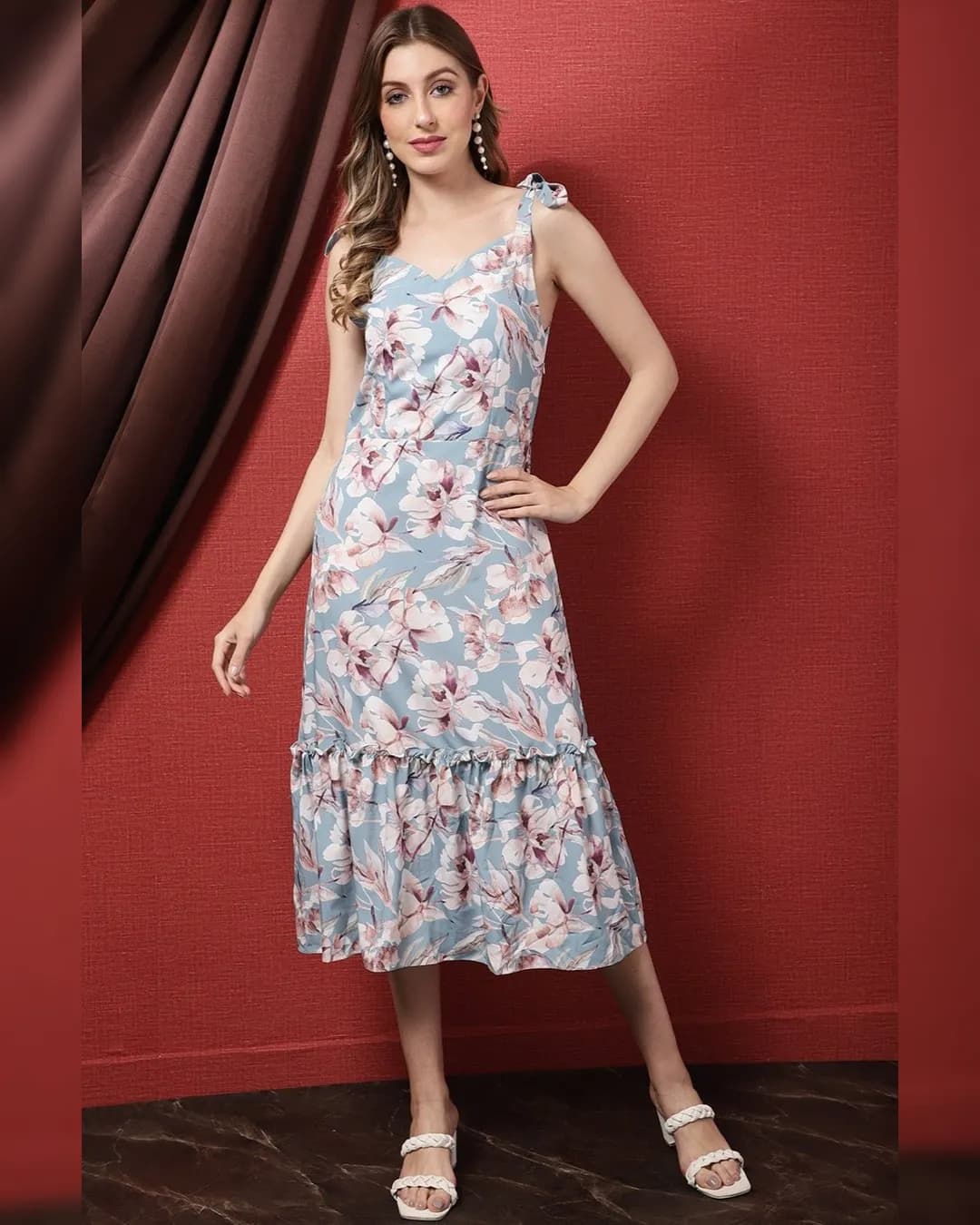 Azure Blossom: Floral Georgette A-Line Midi Dress
