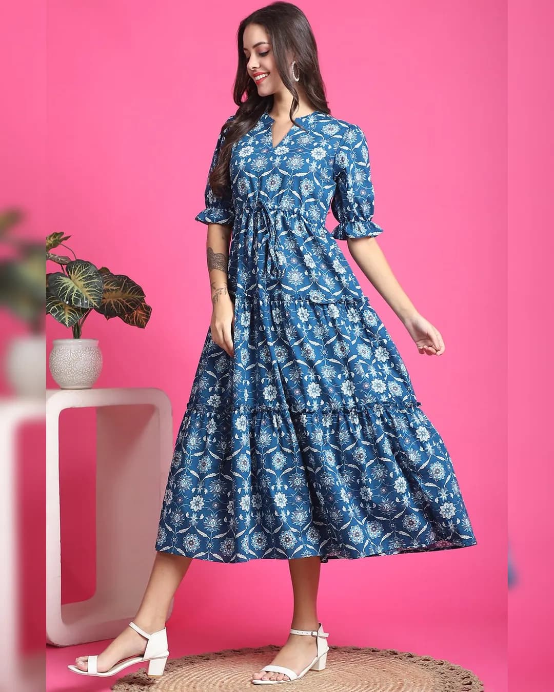 Azure Blossoms Blue Floral Fit & Flare Maxi Dress - Casual Elegance in Cotton Comfort