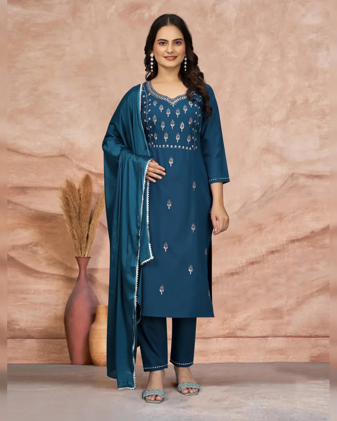 Women's Cotton Blend Embroidered Kurti with Pant & Silk Dupatta Set alternate view