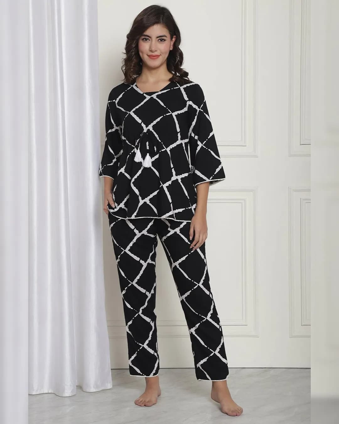 Timeless Comfort: Black Checked Viscose Rayon Night Suit alternate view