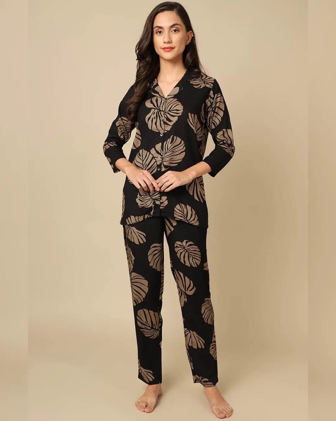 Black Leaf Print Rayon Night Suit