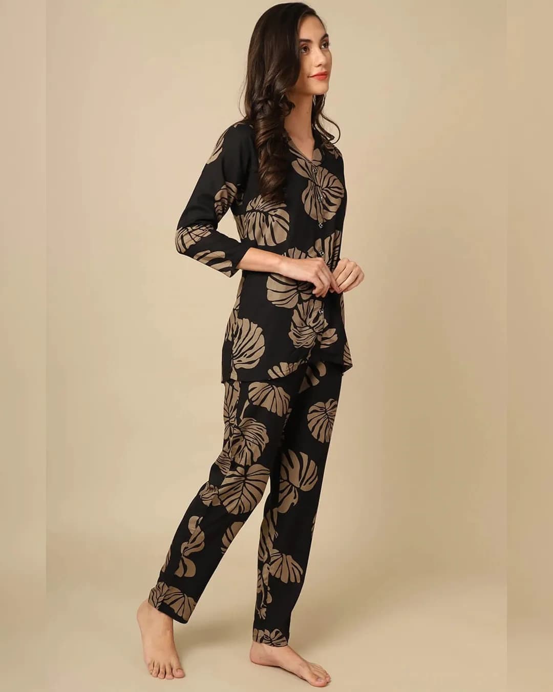 Black Leaf Print Rayon Night Suit alternate view