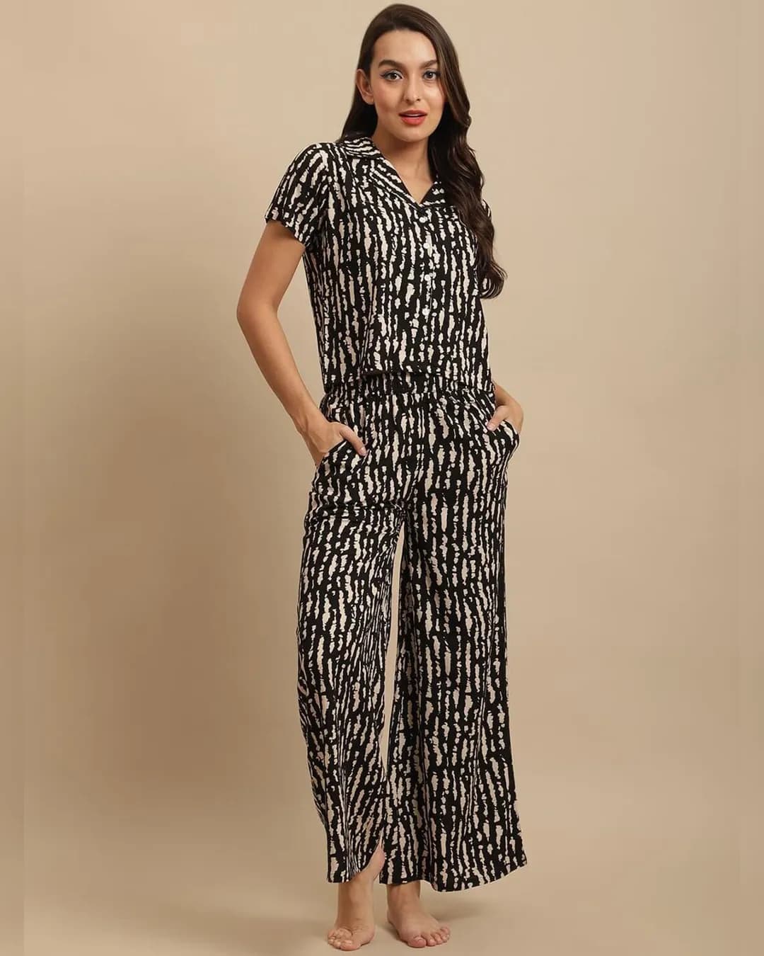 Cozy Elegance: Black Tie and Dye Rayon Night Suit alternate view