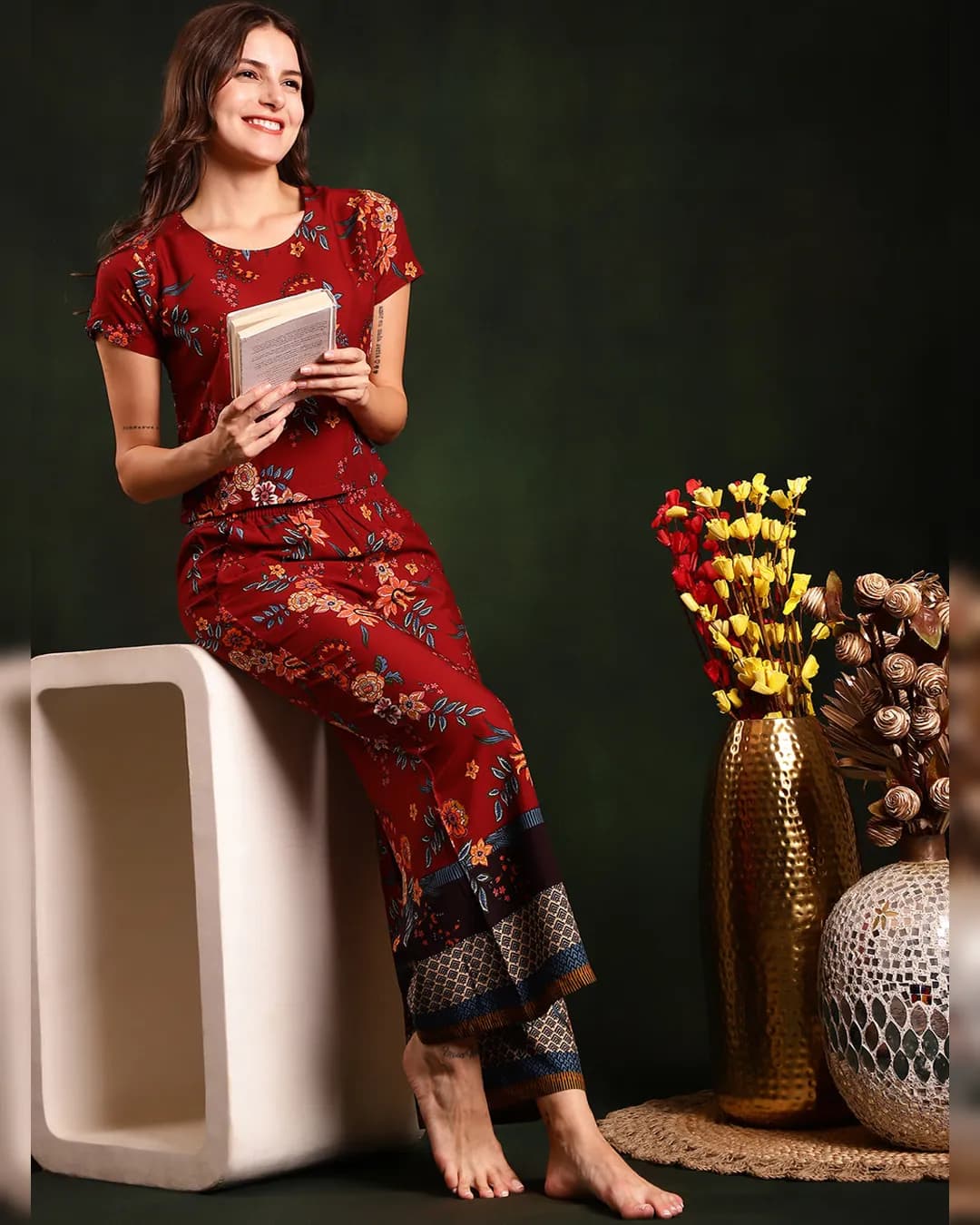 Maroon Colour Floral Printed Viscose Rayon Night Suit alternate view