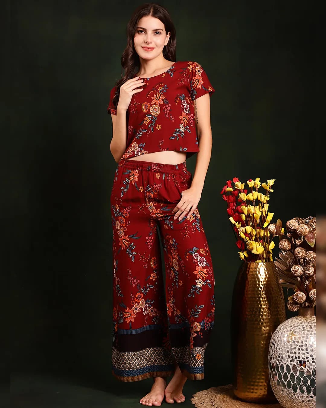 Maroon Colour Floral Printed Viscose Rayon Night Suit