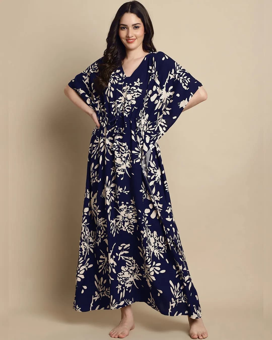 Cozy Chic: Navy Blue Rayon Motif Nightdress