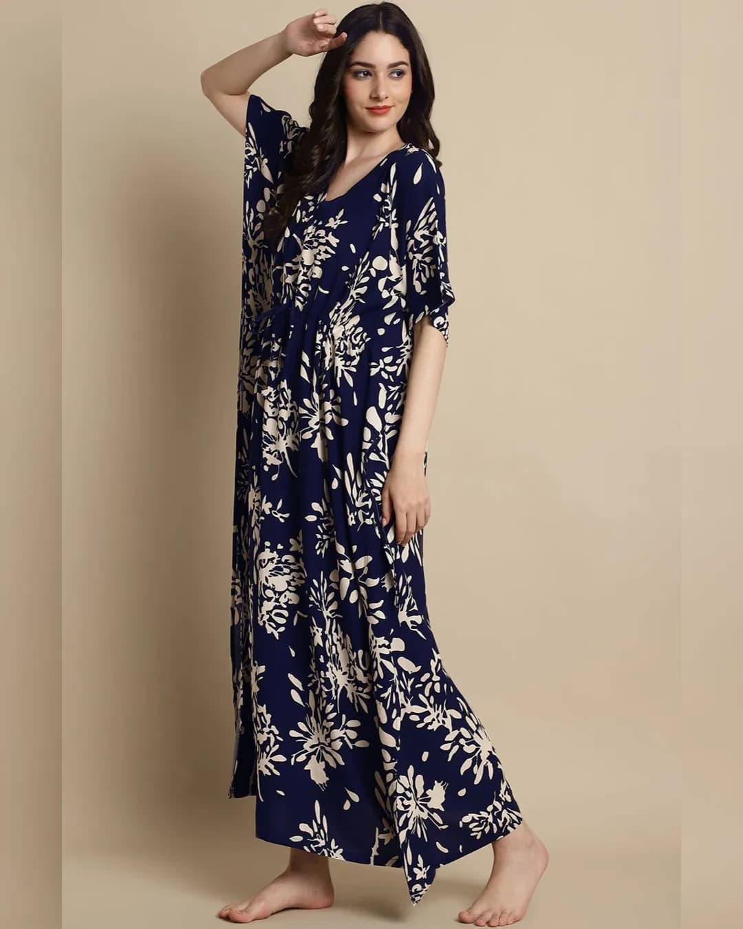 Cozy Chic: Navy Blue Rayon Motif Nightdress alternate view