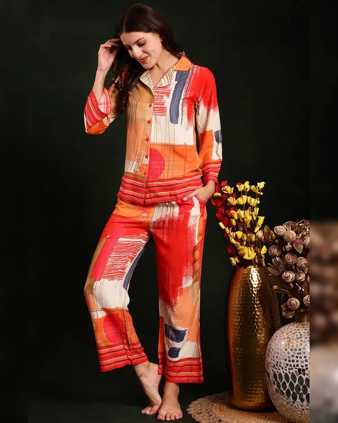 Luxe Comfort: Red Abstract Rayon Night Suit