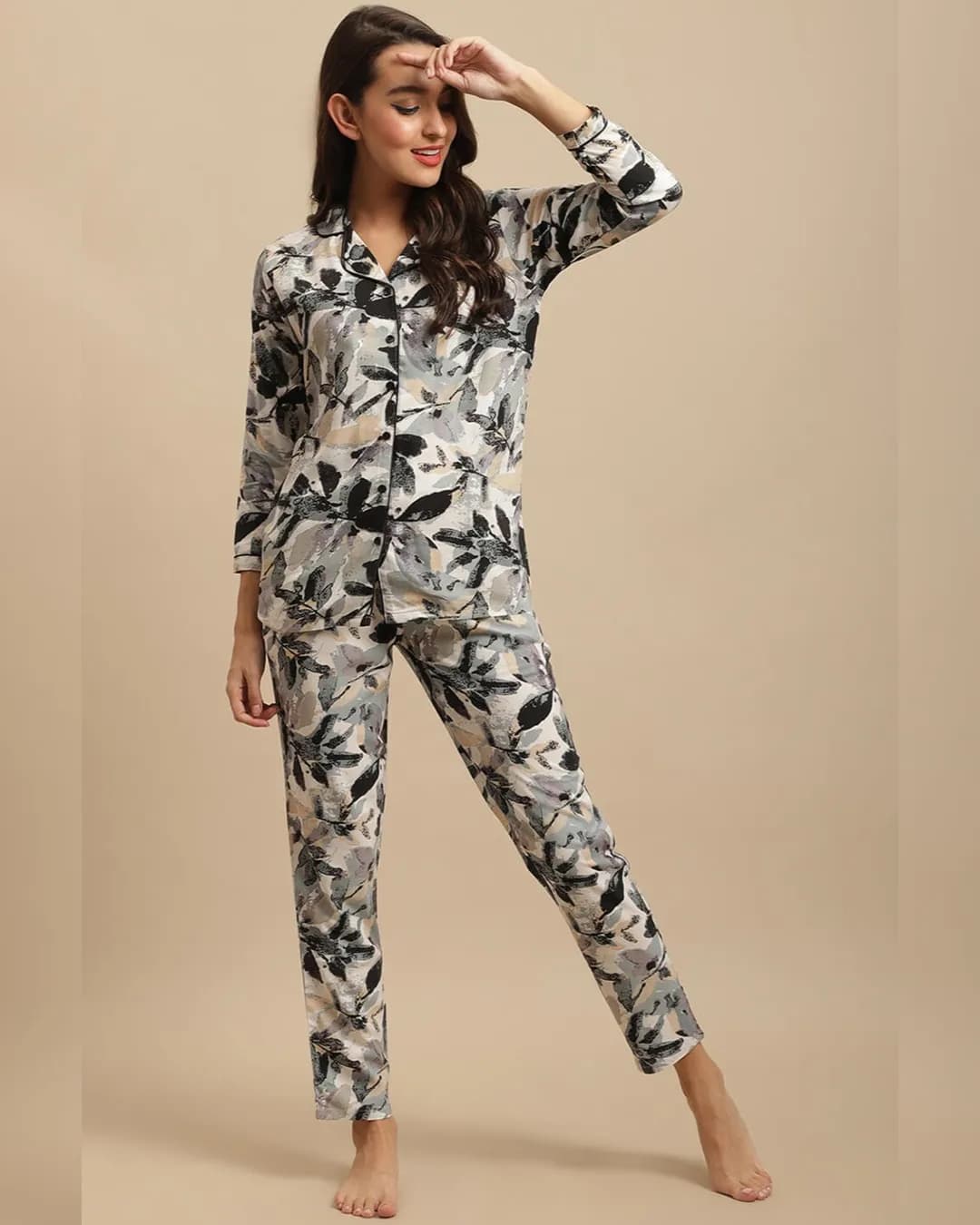 Luxurious Black Floral Rayon Night Suit