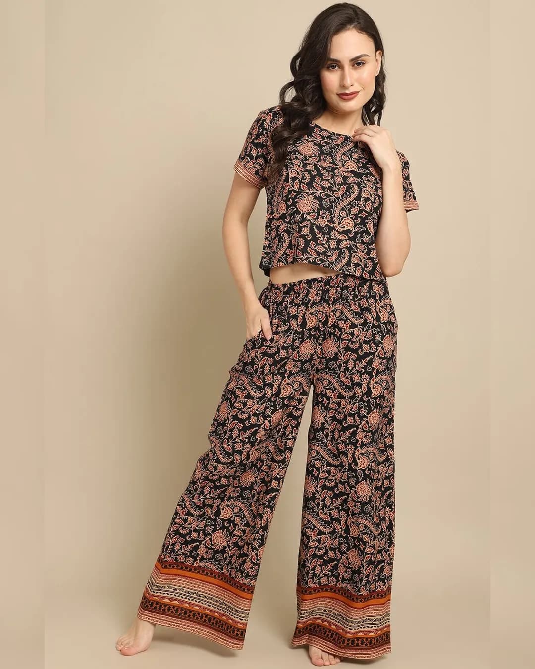 Black Abstract Printed Viscose Rayon Night Suit for Women