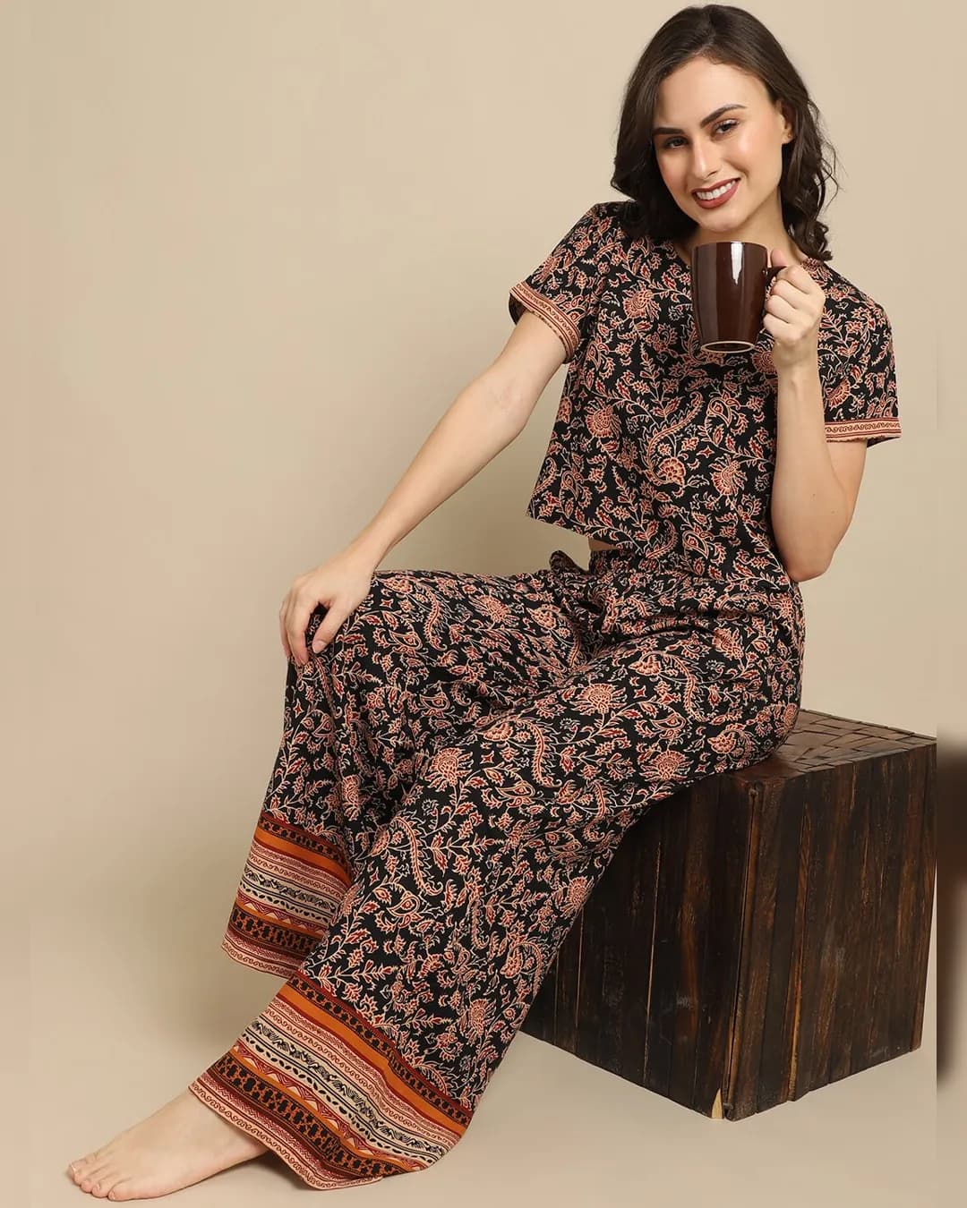 Black Abstract Printed Viscose Rayon Night Suit for Women alternate view